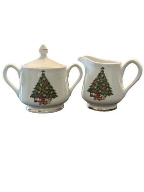 VTG 80s Jamestown China Christmas Treasure creamer & sugar bowel set made Japan